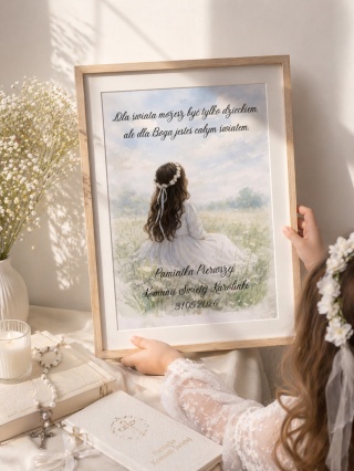 Pamiątka Komunijna, obraz dziecka na łące