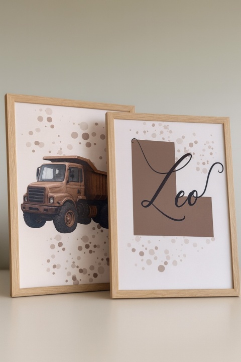Zestaw 4 plakatów - pojazdy budowy + imię dziecka